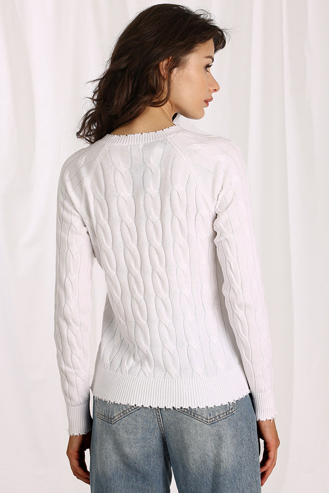 Cable Knit V-Neck Sweater with Frayed Edges - White